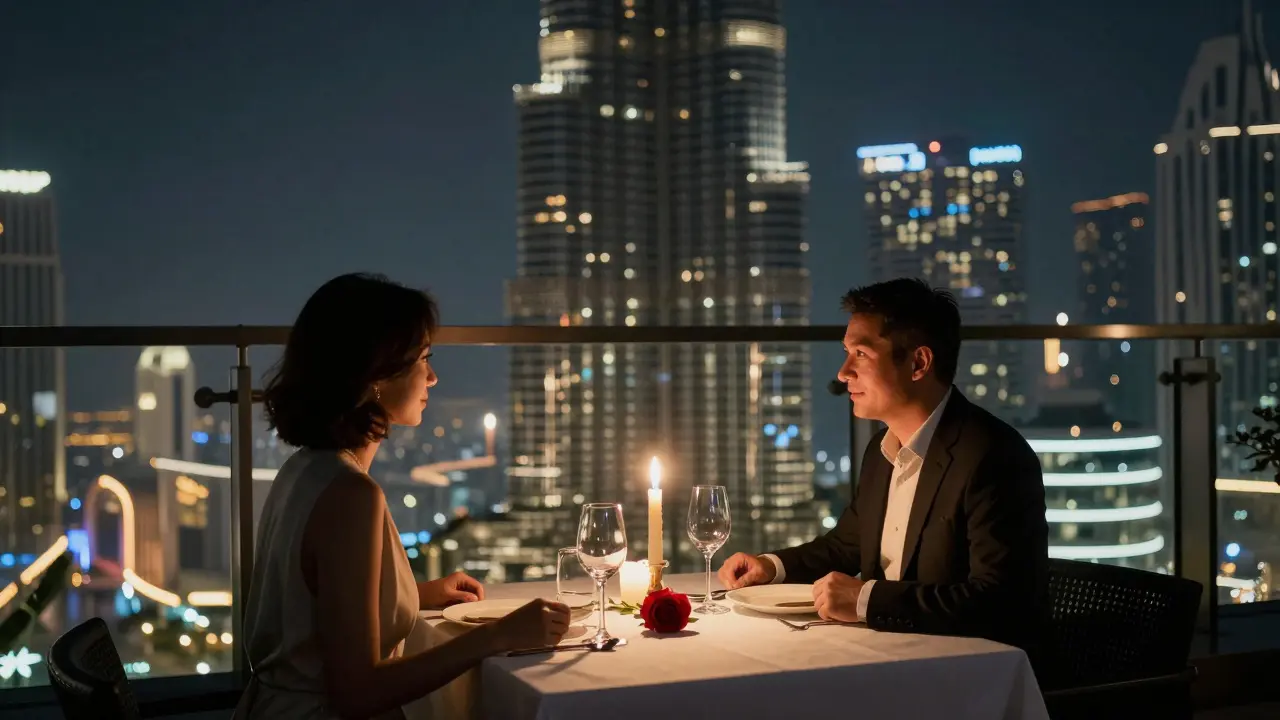 Intimate rooftop dinner with candlelight and Burj Khalifa glowing in the distance, elegant table setting.