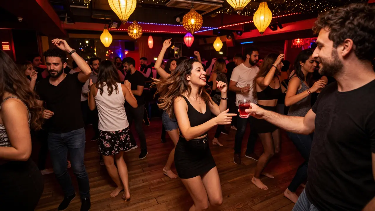 Karma nightclub on İstiklal Avenue, diverse crowd dancing joyfully, someone handing a glass of rakı.
