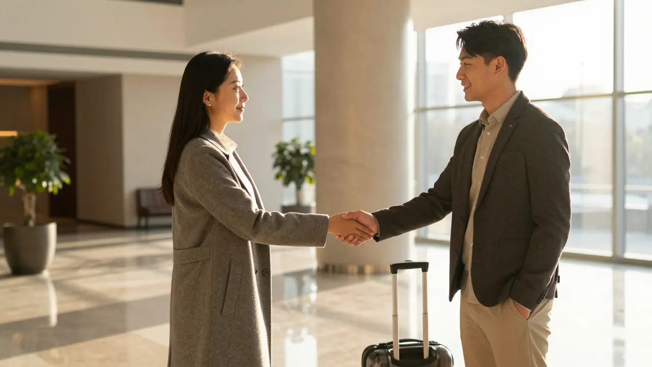 Man and woman meeting warmly in a Paris hotel lobby, conveying mutual respect and professionalism.