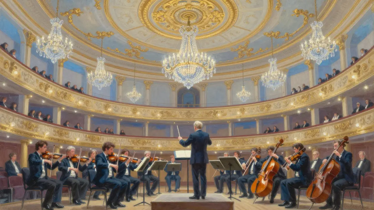Orchestra performing in grand Victorian hall with ornate ceiling and audience in formal attire.