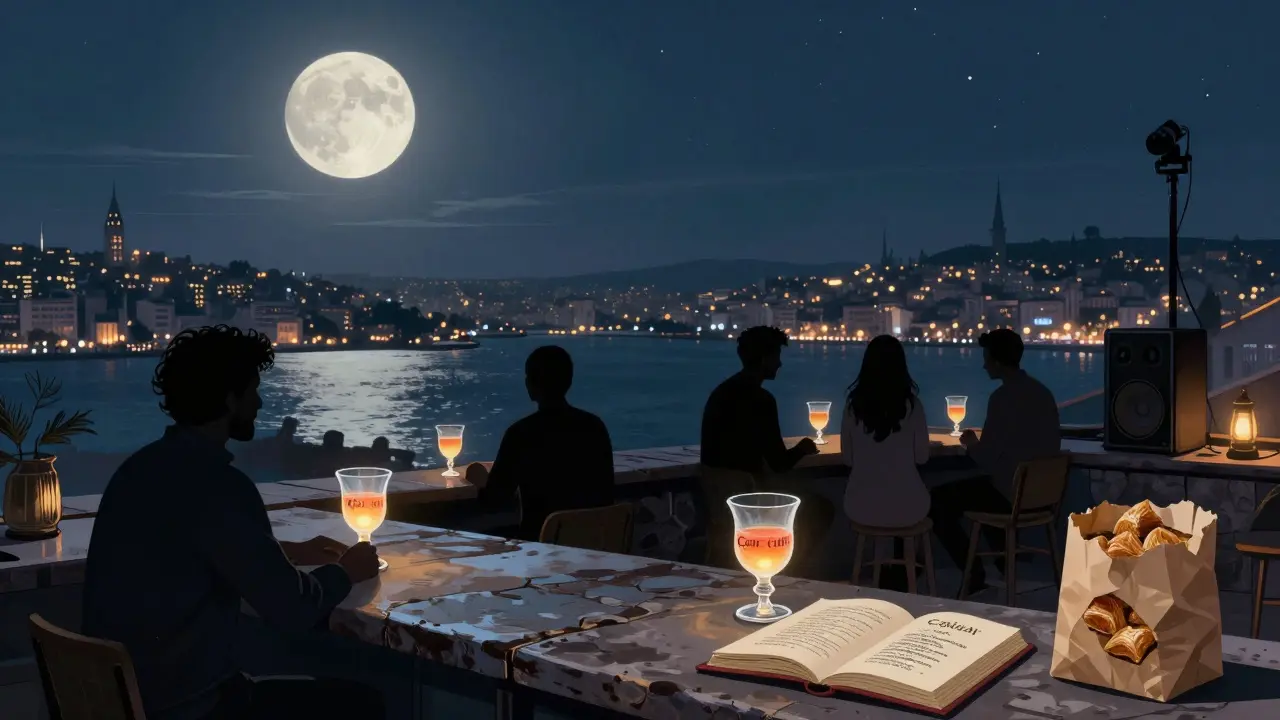 Patrons sit on a moonlit rooftop terrace overlooking the Bosphorus, sipping cocktails as Sufi music plays softly in the night.