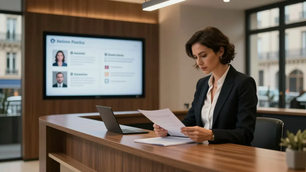 Professional escort agency reception area with digital reviews and elegant decor in Paris.