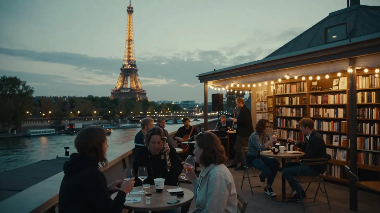 Rooftop bar at night with Eiffel Tower glowing, guests sipping wine as a jazz band plays softly below.
