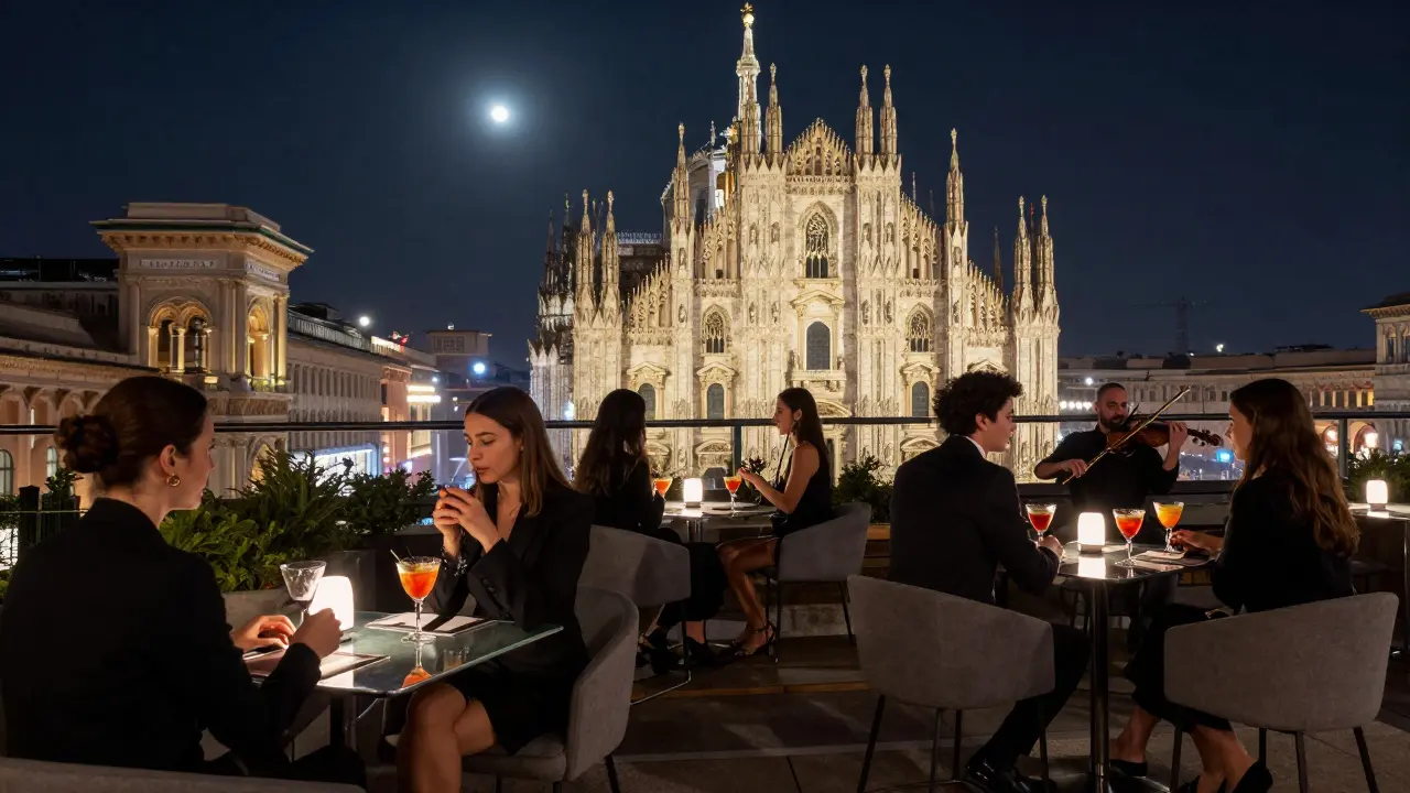 Rooftop bar with elegant guests overlooking Milan’s Duomo at night under soft moonlight.
