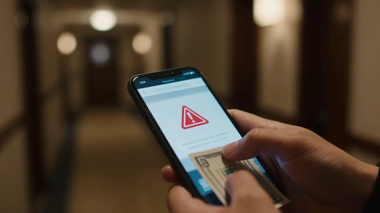 Smartphone showing fake escort ad with cash payment