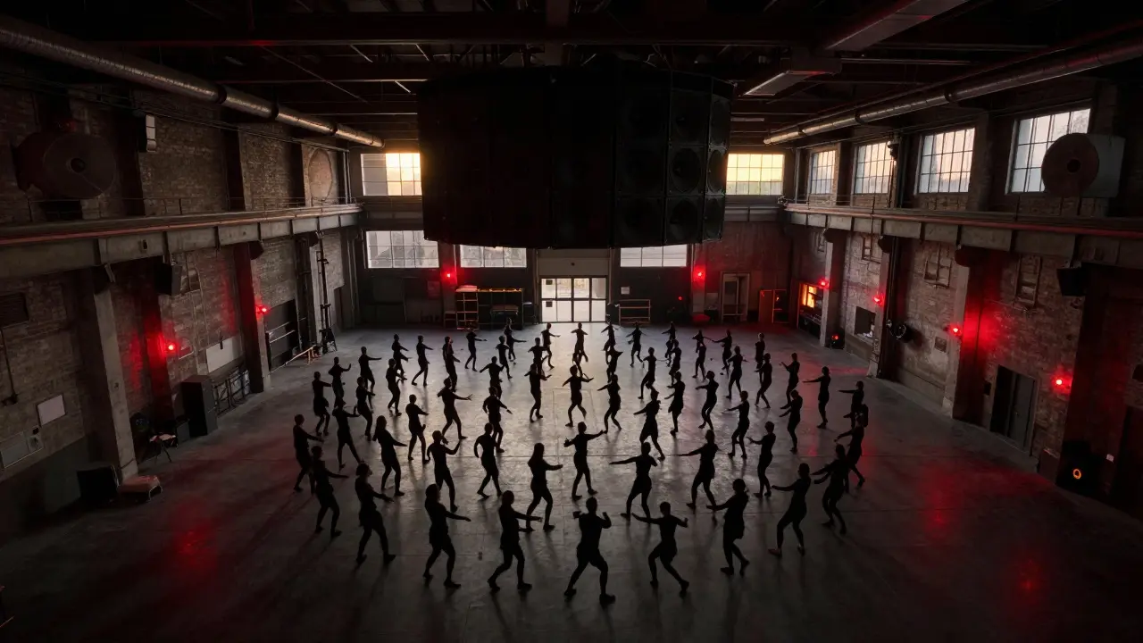 Thousands of silhouetted dancers in a vast industrial space under sunrise light, lost in the rhythm.