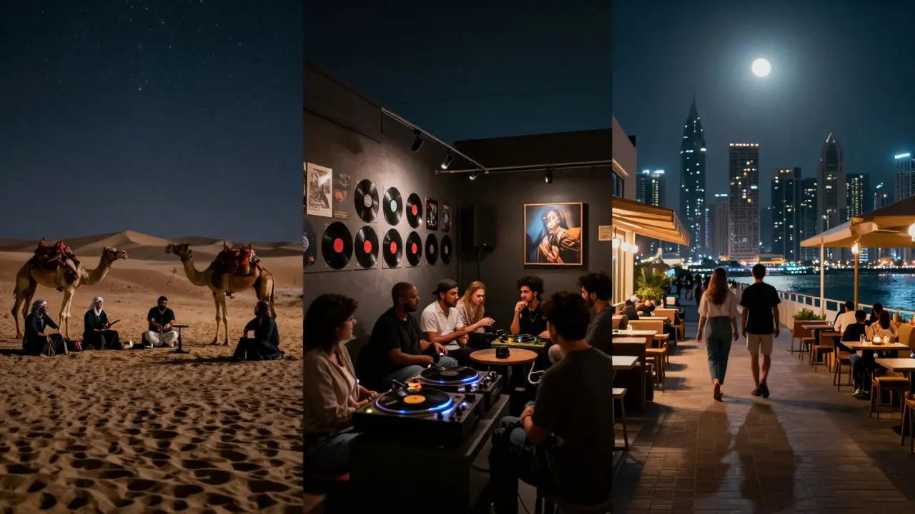 Three contrasting Dubai nightlife scenes: desert under stars, art gallery with vinyl DJ, and quiet marina promenade.