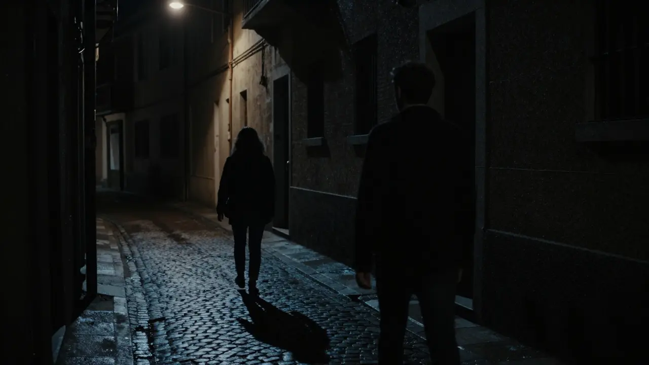 Two figures passing in a dim Milan alley, exchanging a silent nod before parting ways.