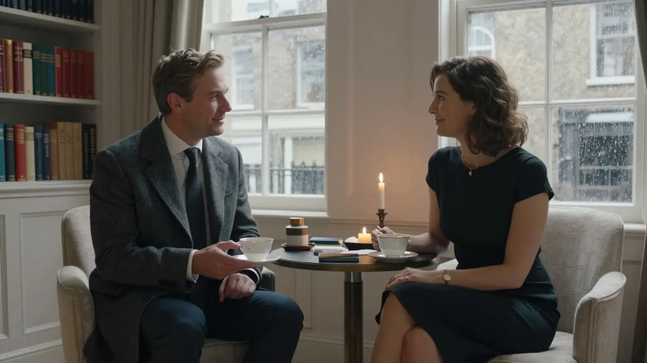 Two people sharing tea in a refined South Kensington apartment, surrounded by books and soft rain on the window.