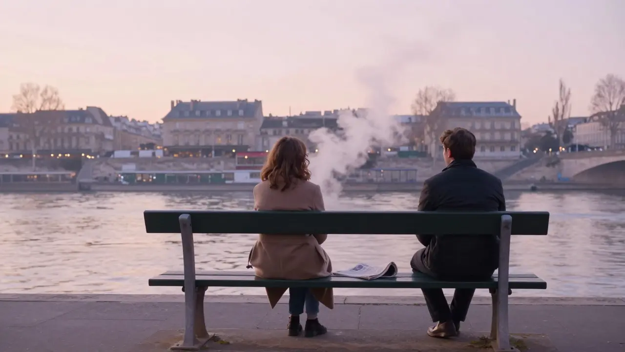 Two people sit silently on a Seine bench at sunrise, the city awakening around them in peaceful solitude.