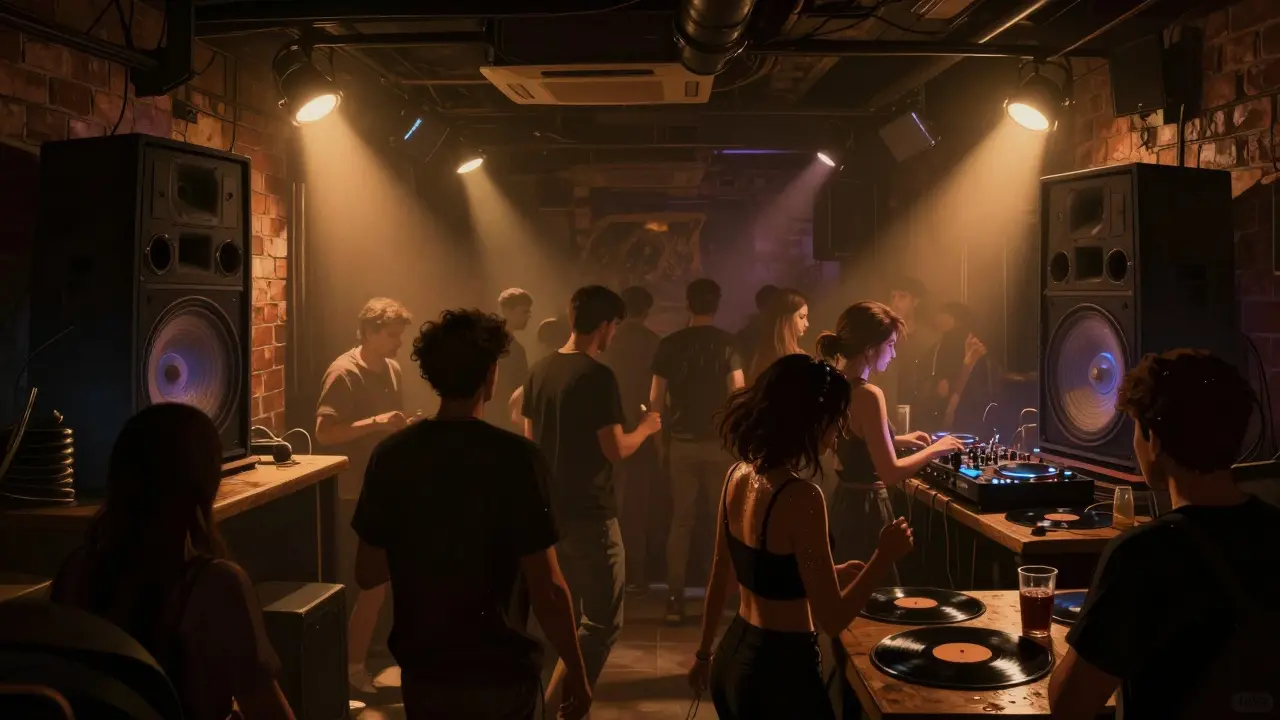 Underground club Asmone in Kadıköy, locals dancing in dim light to powerful bass, no phones, raw atmosphere.