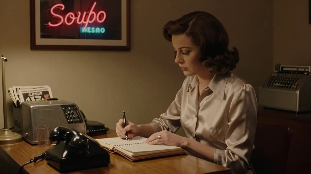 A 1970s London escort takes appointments at a wooden desk with a rotary phone, surrounded by classified ads and cash, in a dimly lit backroom.