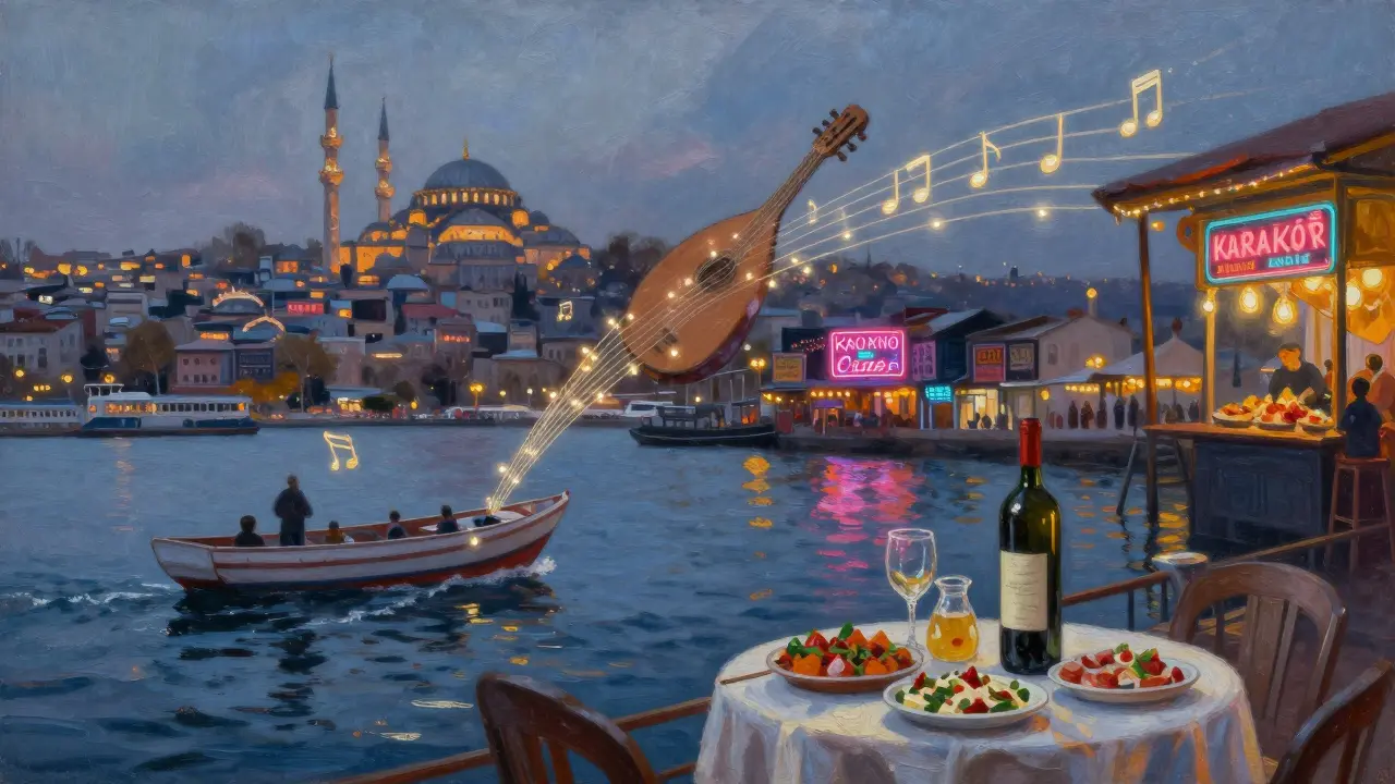 A boat on the Bosphorus at sunrise, musical notes blending with city lights, symbolizing Istanbul’s endless night.
