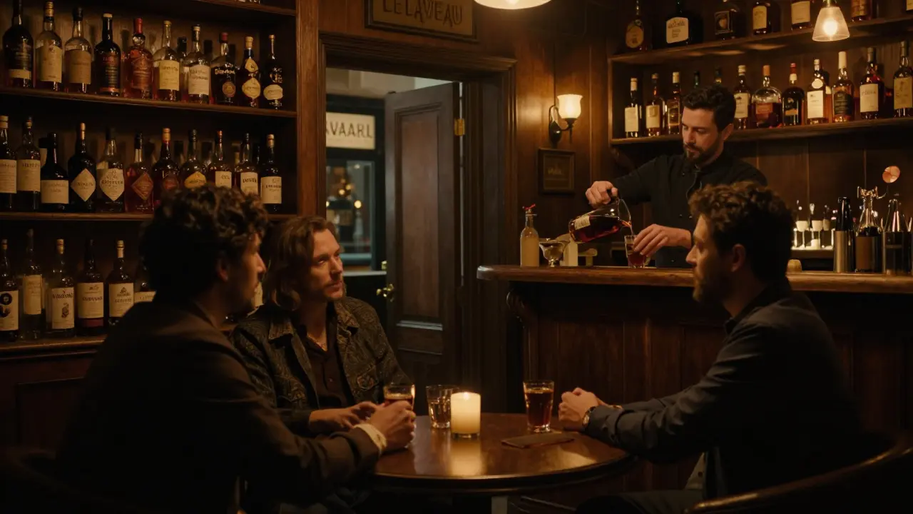 A cozy speakeasy bar with warm lighting, whiskey bottles, and patrons sharing quiet conversation.