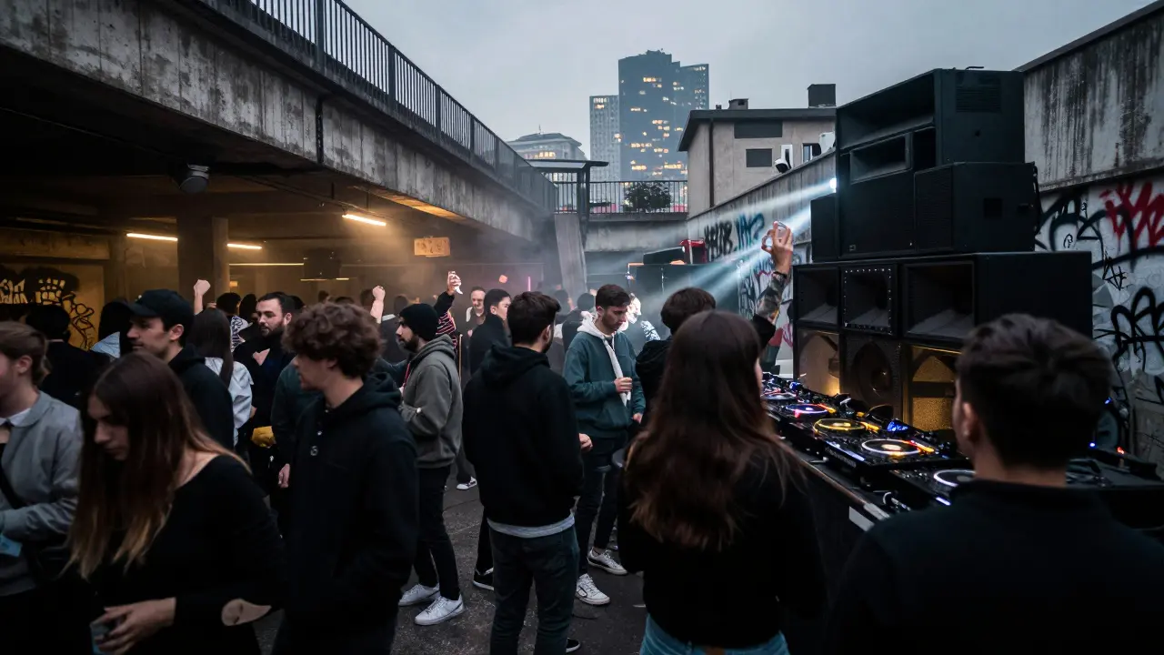 A crowded underground club beneath a train bridge with people dancing under pulsing strobe lights.