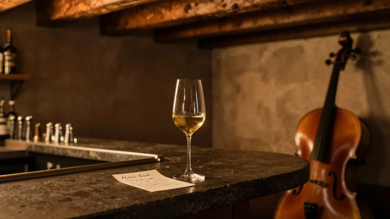 A dimly lit cellar bar with a glass of wine and the faint sound of cello music in the air.