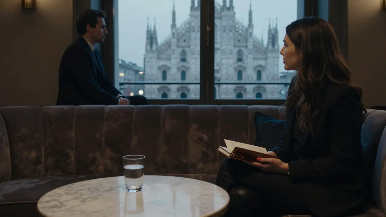 A discreet private meeting in a luxury hotel lounge with subtle elegance and no physical contact.