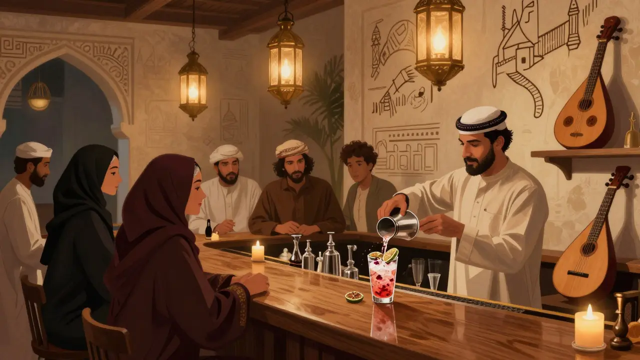 A diverse group in a lantern-lit hidden bar in Al Seef, watching a bartender prepare a traditional-inspired cocktail.