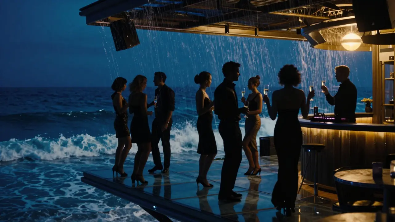 A glamorous rooftop club terrace over the Mediterranean at night, with dancers and neon lights reflecting off the water.