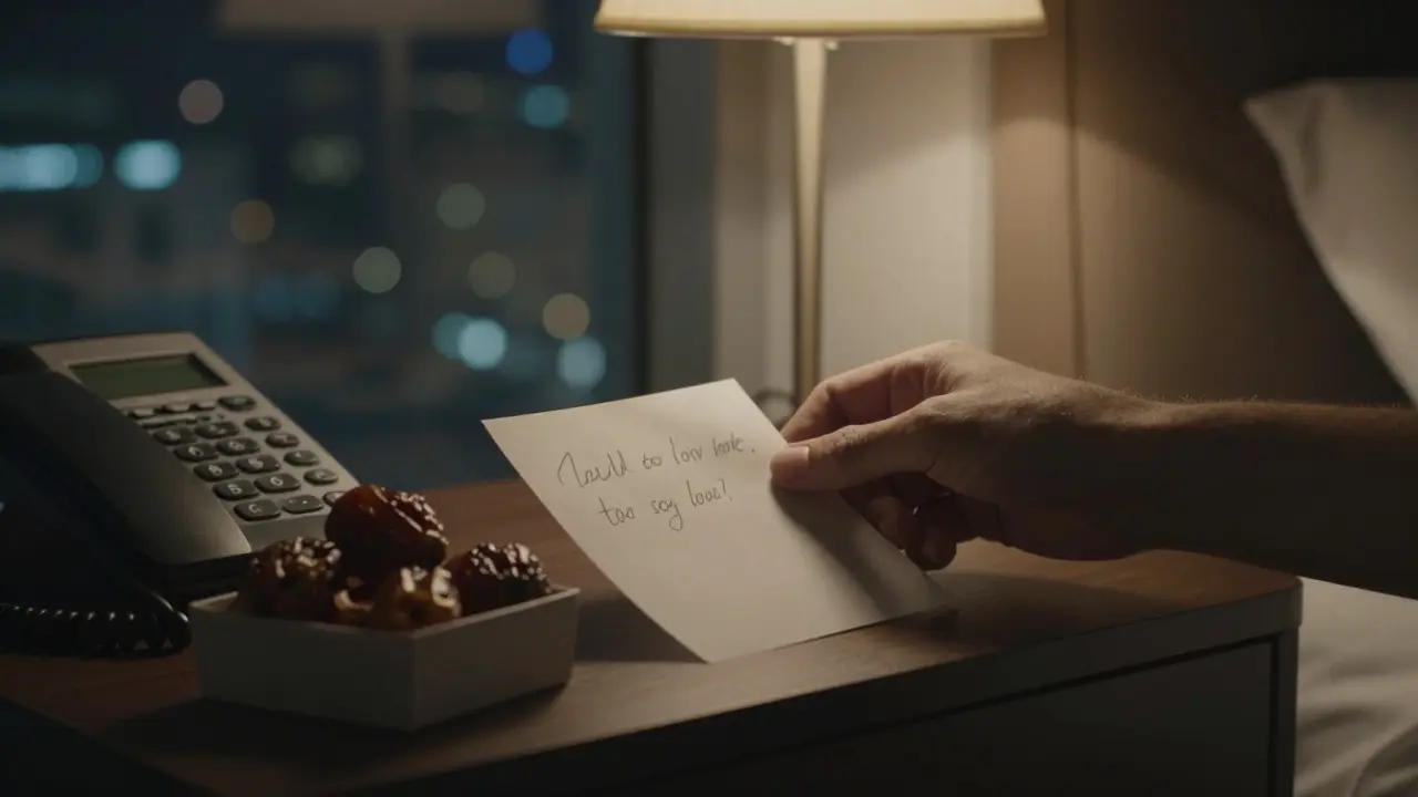 A handwritten note and local dates left on a nightstand, symbolizing thoughtful care without expectation.