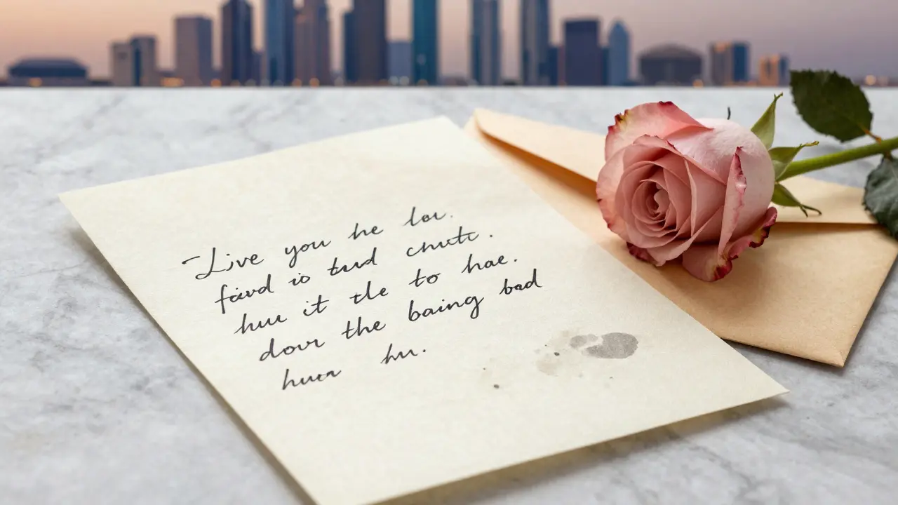 A handwritten note and rose rest on marble, symbolizing an intimate, unspoken connection in Abu Dhabi.