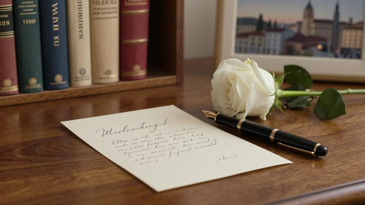 A handwritten note, white rose, and vintage pen on a wooden desk, symbolizing quiet respect and dignity.