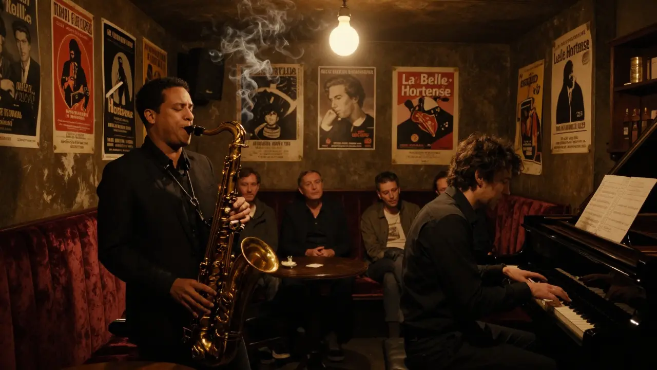 A jazz musician playing saxophone in a dimly lit hidden club, patrons seated in quiet reverence.