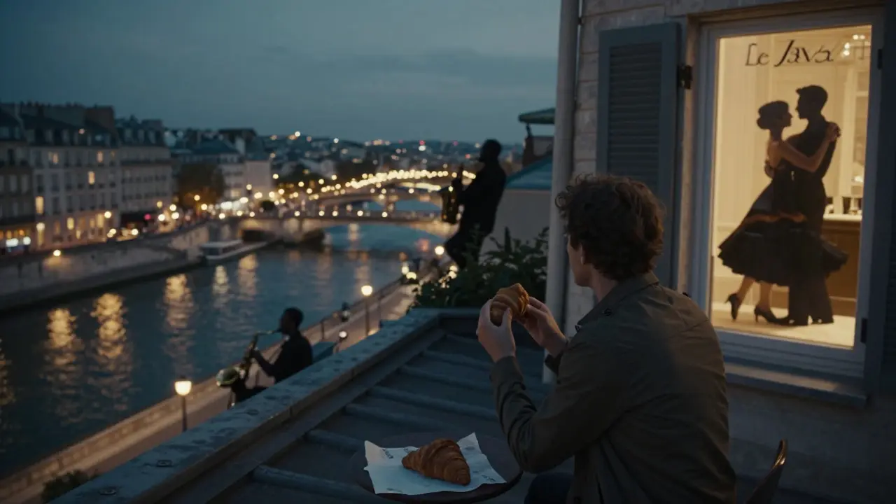 A lone person eating a croissant on a rooftop at 3 a.m., overlooking Paris’s quiet night lights.