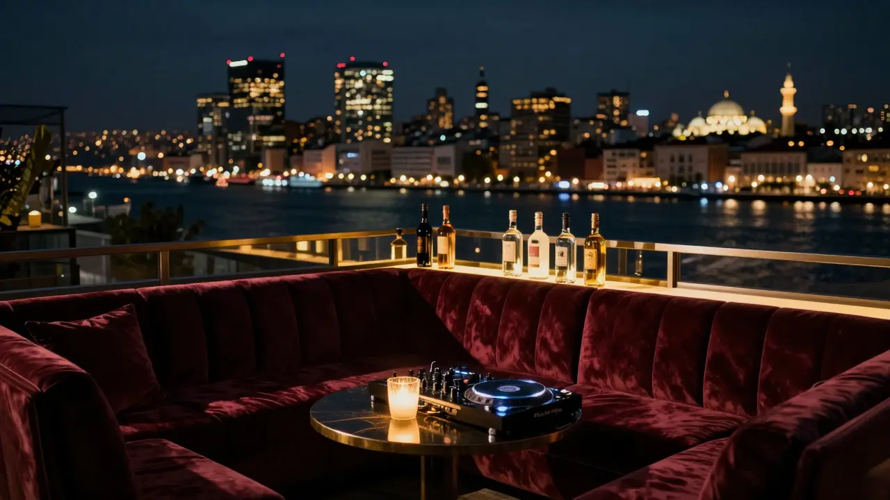 A luxurious rooftop bar in Istanbul with guests enjoying cocktails as the city skyline glows in the background under a midnight sky.
