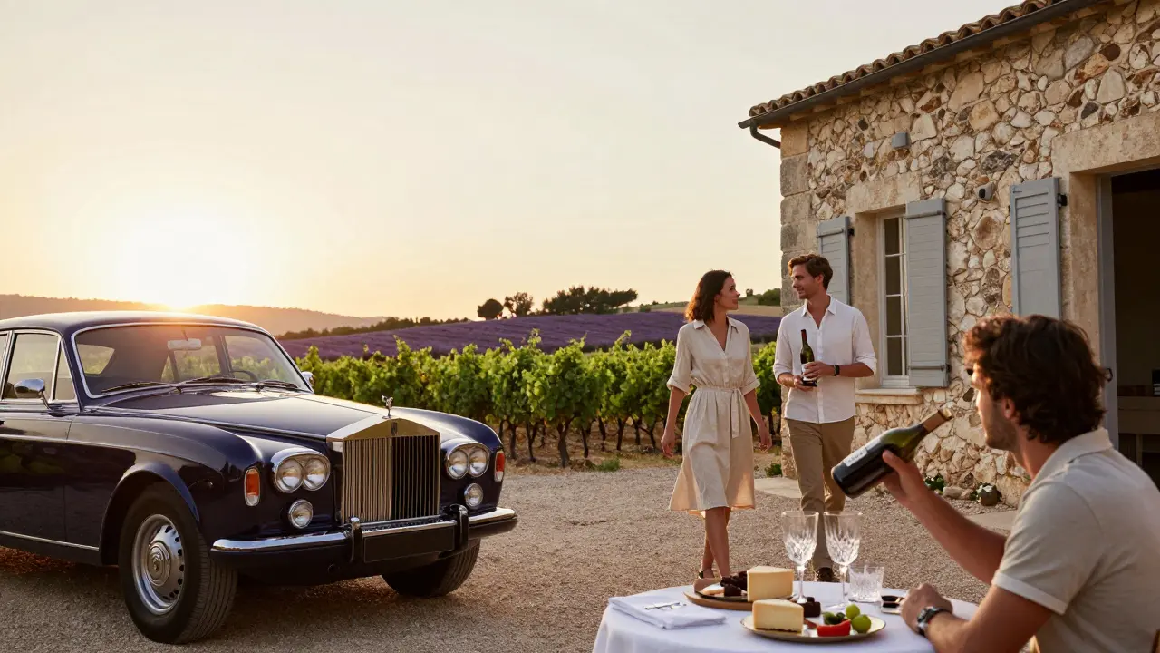 A luxury couple enjoying a sunset walk through a Provence vineyard, holding wine, with a vintage car and stone villa in the background.