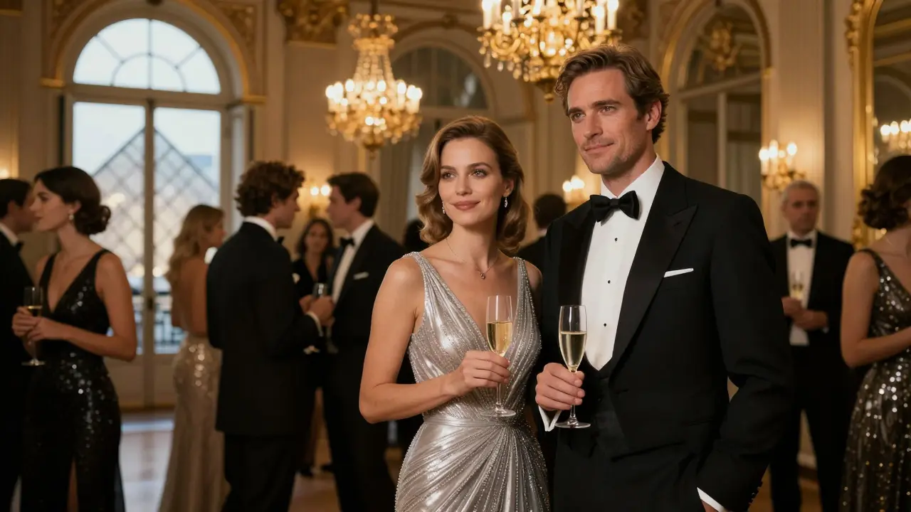 A man and woman attending an elegant Parisian gala, dressed in formal attire, standing gracefully amidst a luxurious ballroom setting.