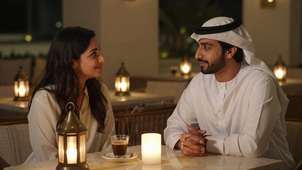 A man and woman engage in quiet, attentive conversation in a licensed lounge in Abu Dhabi.