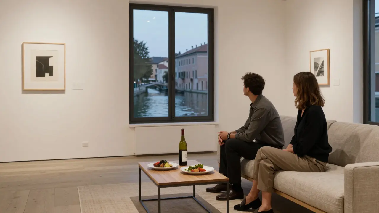 A man and woman sit in quiet companionship in a minimalist apartment, facing a canal at dusk, no physical contact, only calm presence.