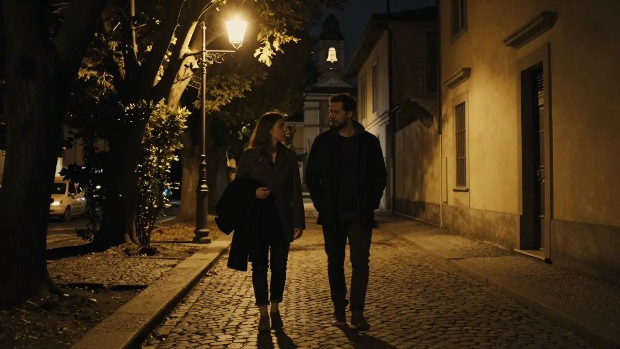 A man and woman walking silently through Brera at night, their calm presence echoing the peace of an unspoken connection.