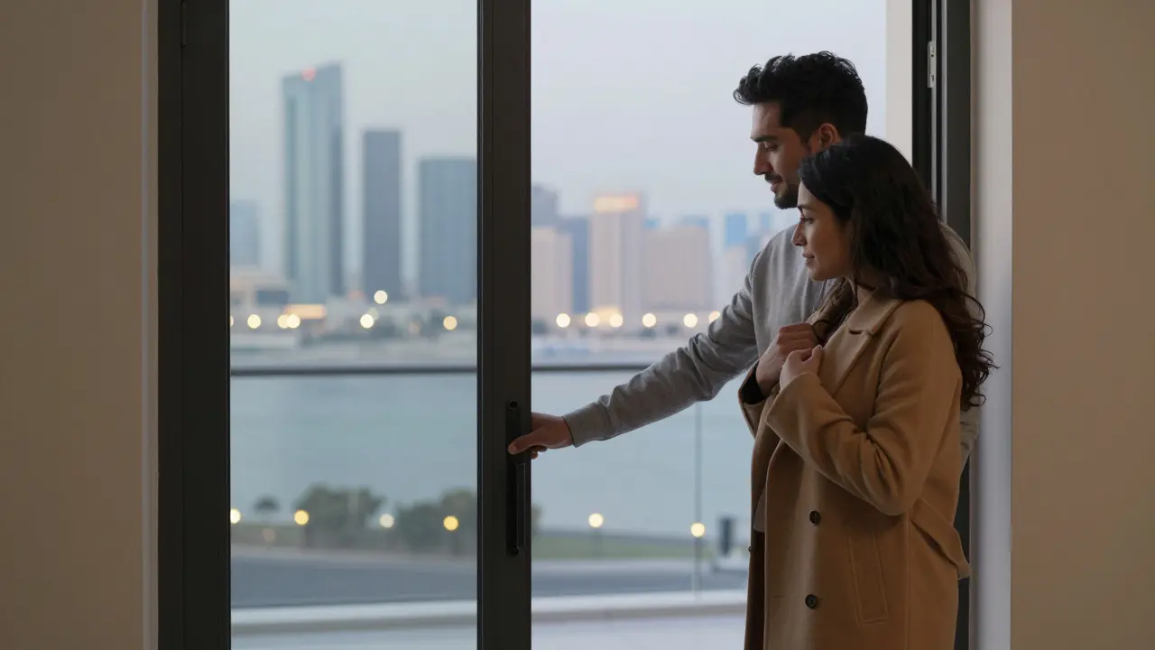 A man holds the door open for a woman as she leaves, expressing quiet gratitude and respect.