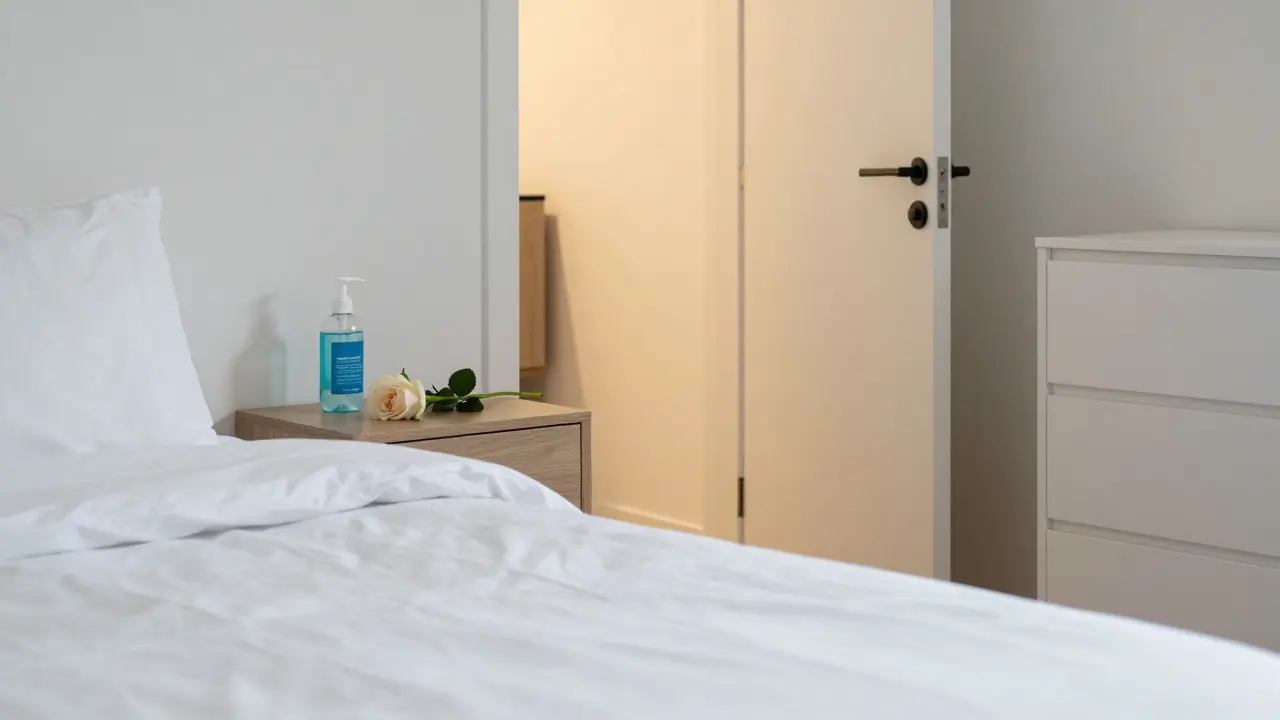 A meticulously kept private bedroom in Berlin showing hygiene essentials and a serene, safe environment.