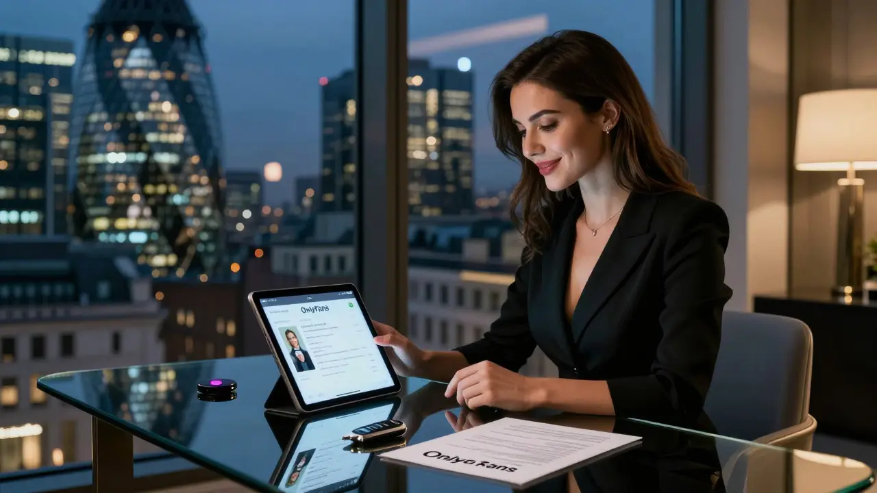 A modern London escort works from a high-end penthouse, using a tablet to verify clients, with the city skyline glowing behind her.