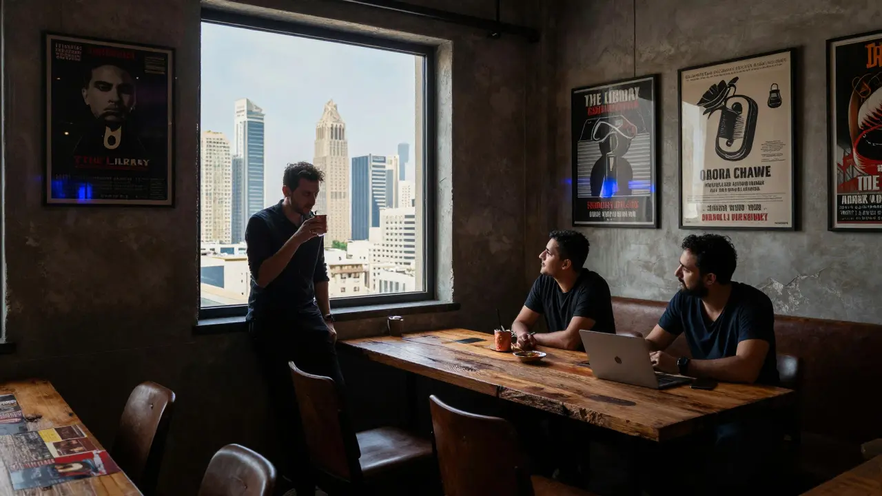 A person sipping a craft cocktail in an industrial-chic lounge surrounded by books and quiet coworkers.