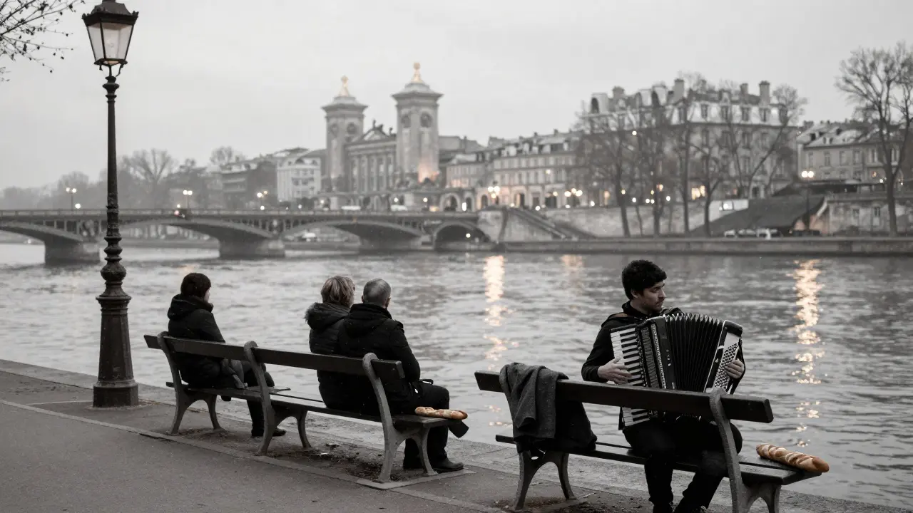 A quiet riverside bench in Paris at midnight, accordion music drifting over the Seine’s shimmering reflection.
