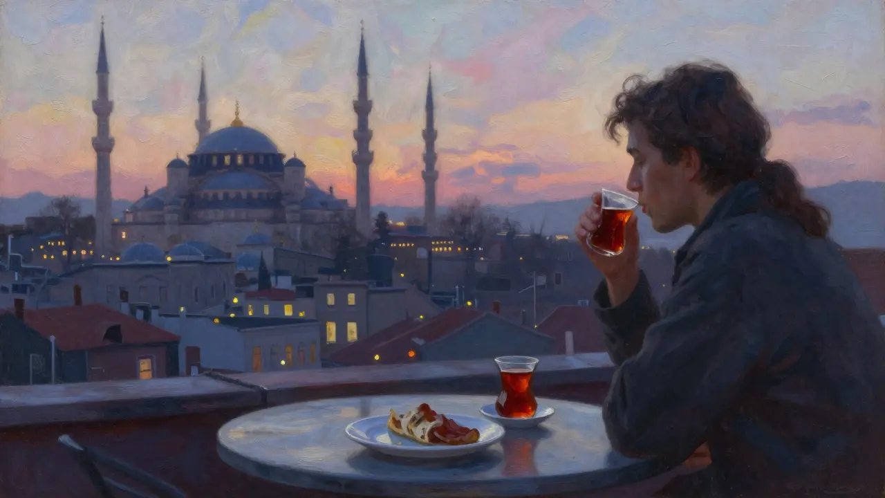 A quiet rooftop at dawn with the Blue Mosque in view, a solitary figure reflecting after a long night out.