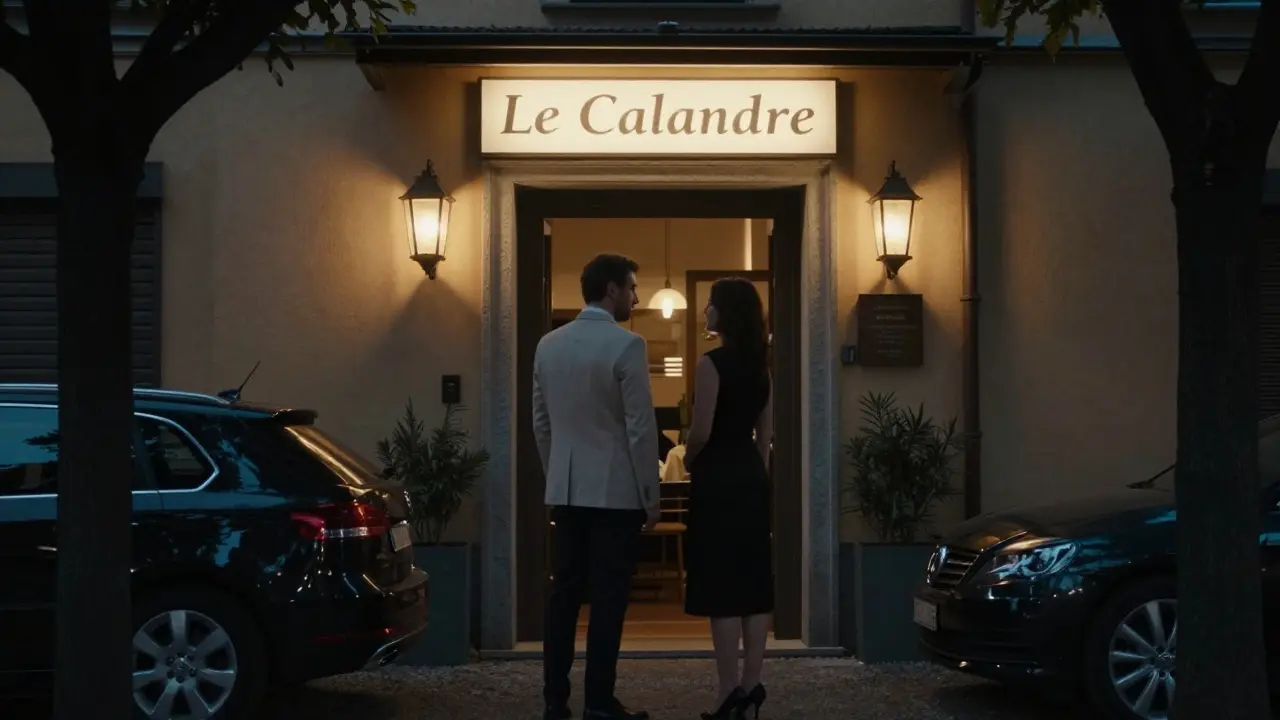 A refined pair pauses outside a Michelin-starred restaurant in Rubbiano, evening light casting a quiet elegance.