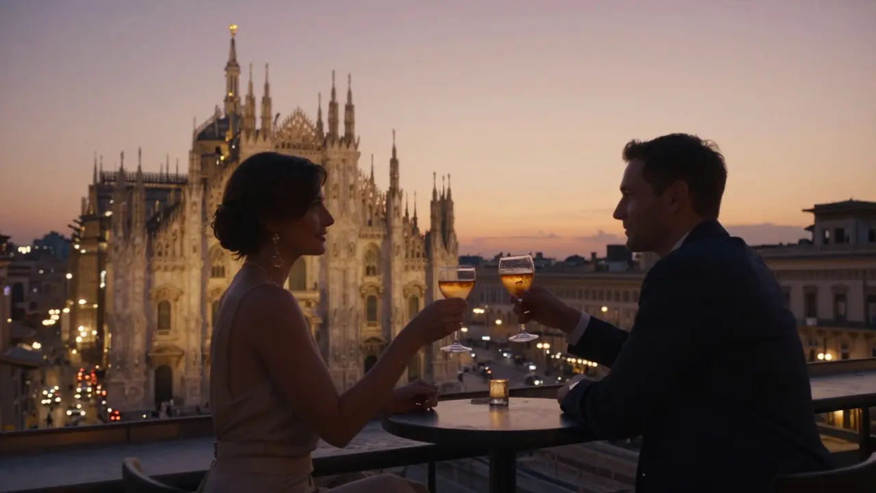 A rooftop bar in Milan at sunset with the Duomo in the background, a couple toasting cocktails in elegant attire.