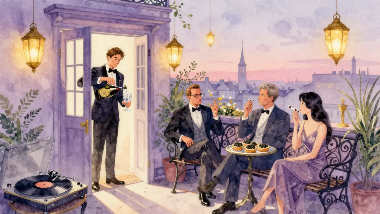 A secret rooftop garden at dawn, where strangers share a cigarette and champagne under soft morning light.