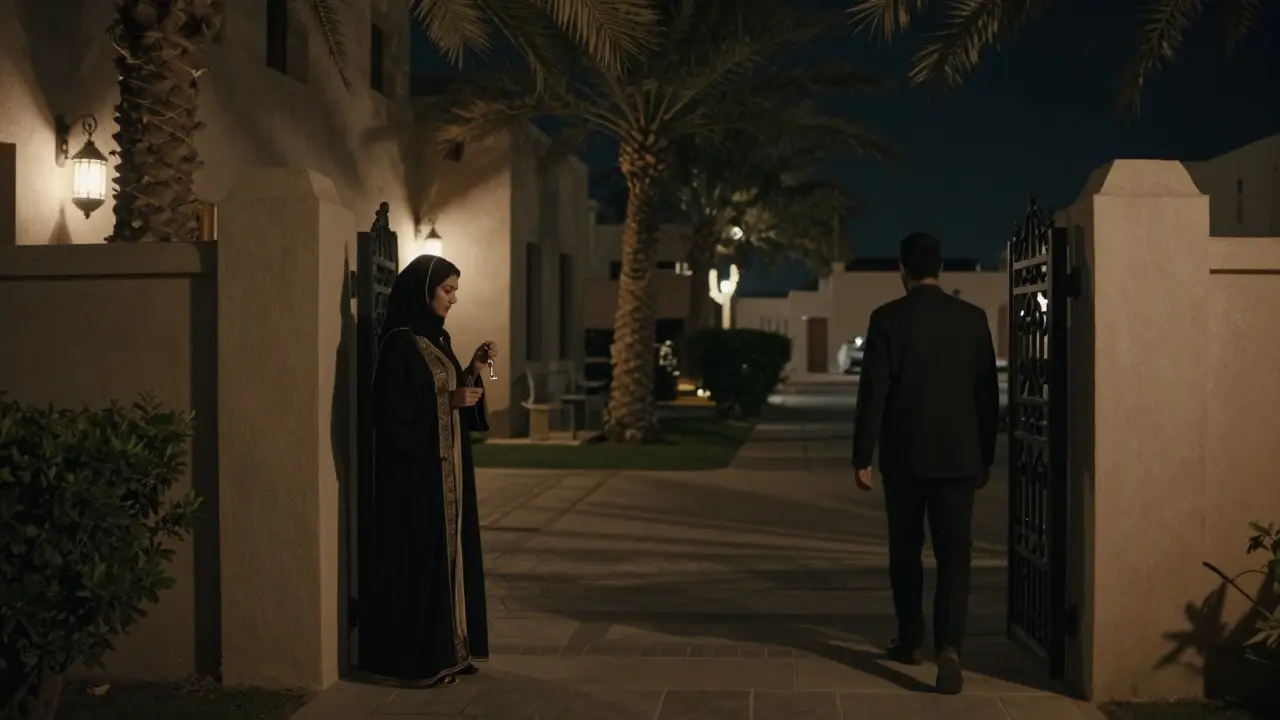 A silhouette departs from a private villa courtyard at night, leaving behind only discretion and silence.