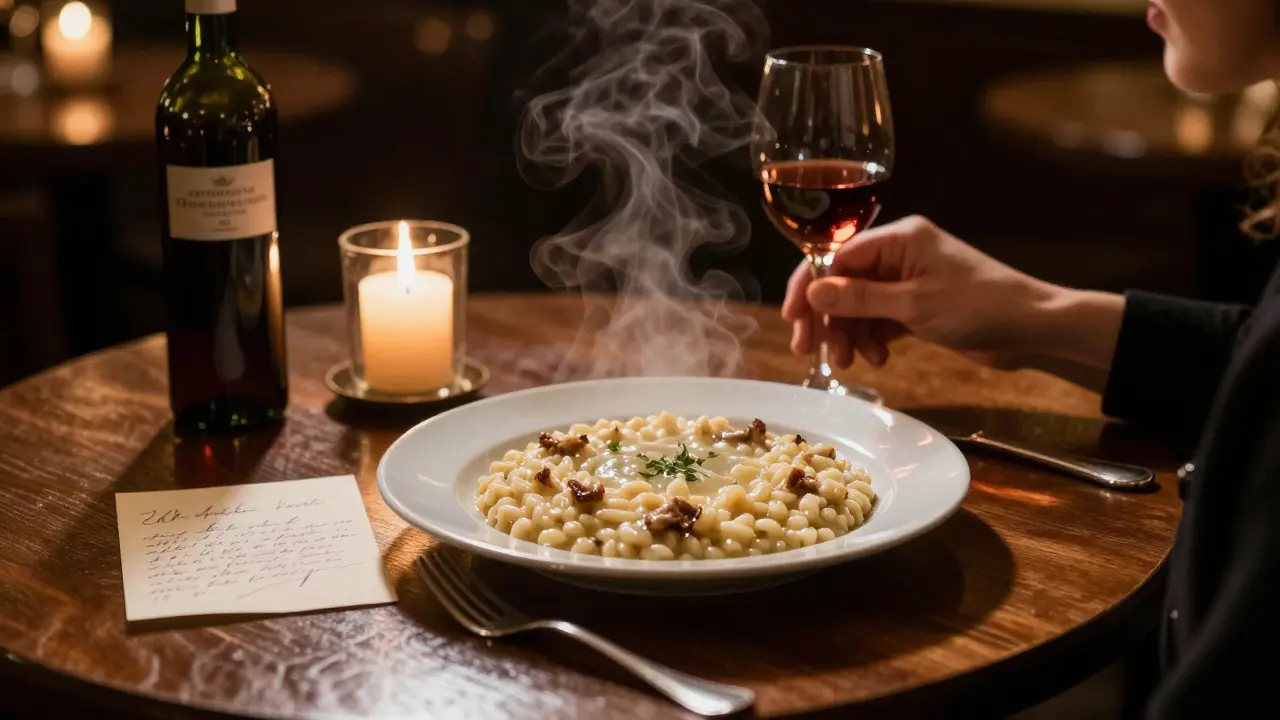 A steaming plate of risotto alla Milanese sits at a dimly lit table with a handwritten note and a glass of wine.