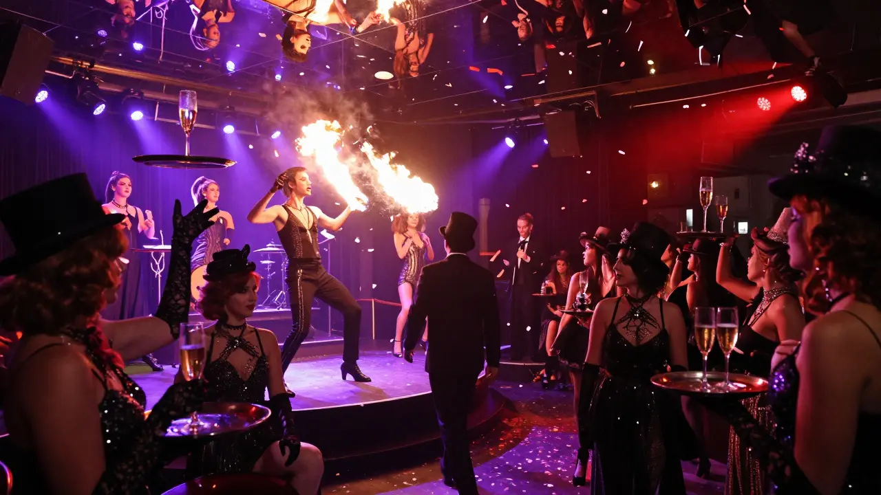 A surreal cabaret night with fire breathers and glitter-clad guests in a dimly lit, glamorous Soho bar.