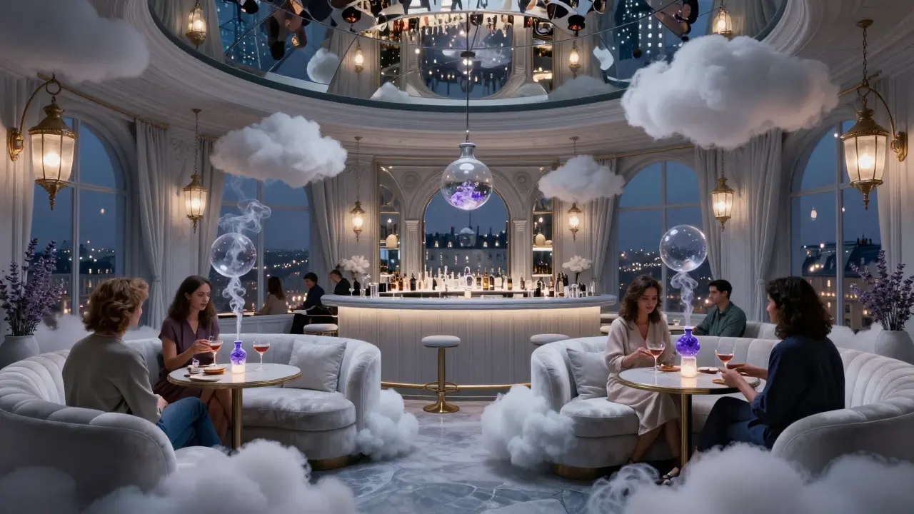 A surreal cloud-themed bar with floating glass cocktails and a mirrored ceiling reflecting Paris night lights.