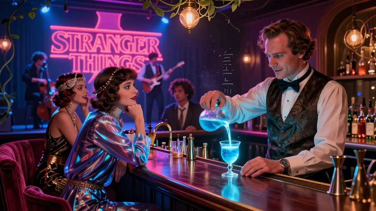A themed bar where The Great Gatsby meets Stranger Things, blending 1920s elegance with neon sci-fi elements.