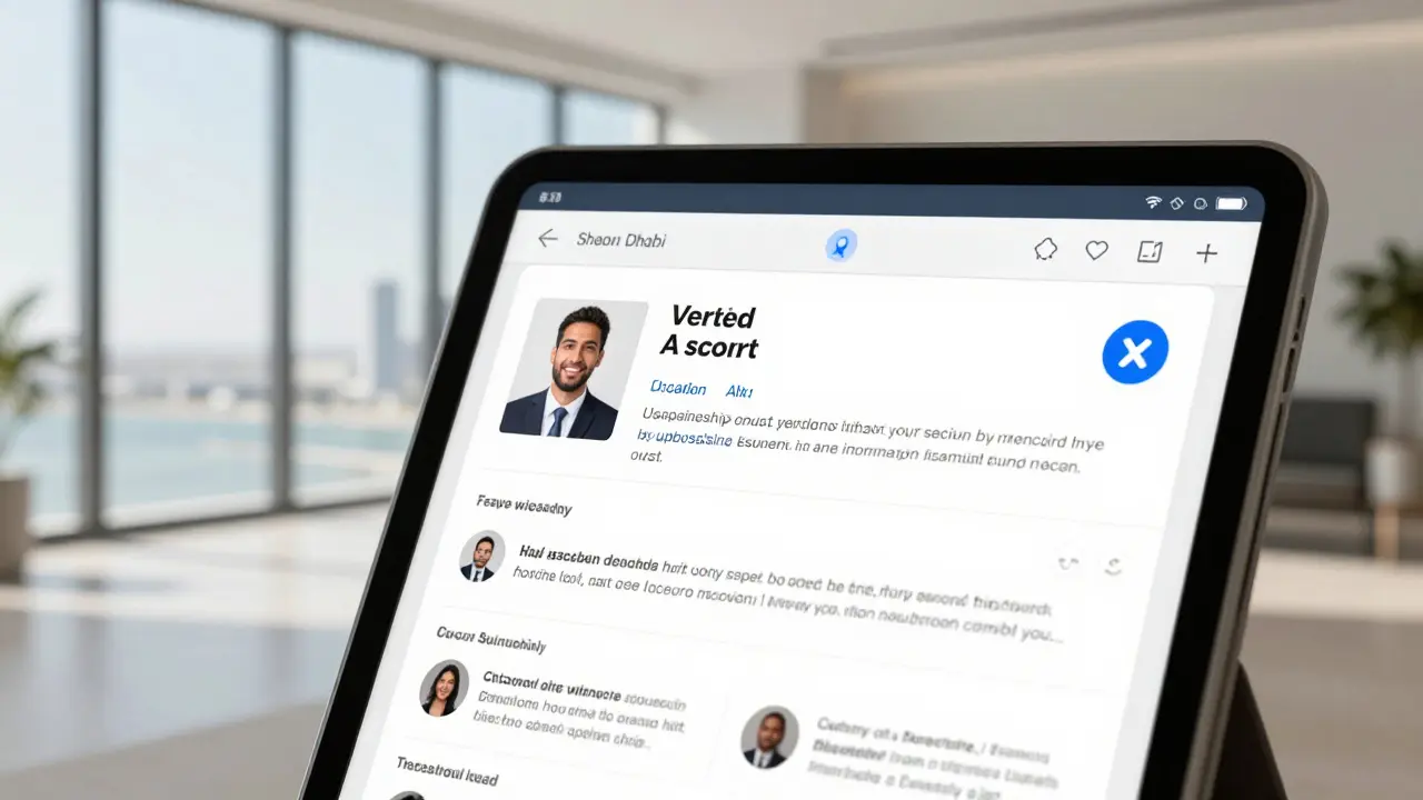 A verified escort profile on a tablet showing clear photo, honest bio, and genuine client reviews.