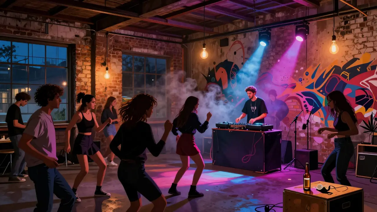 A vibrant underground club in Zona Tortona with dancers, strobe lights, and industrial decor under midnight skies.